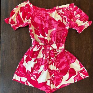 Women's Medium Flying Tomato Off The Shoulder Pink And White Floral Romper
